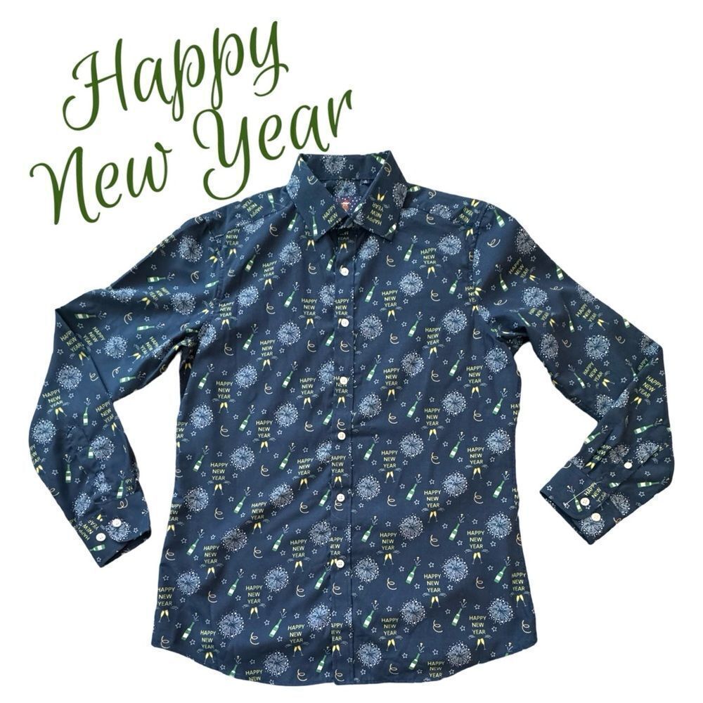 Simon Banks Happy New Year Holiday Cheer Button Down Shirt Size SM Neck 15 NWT